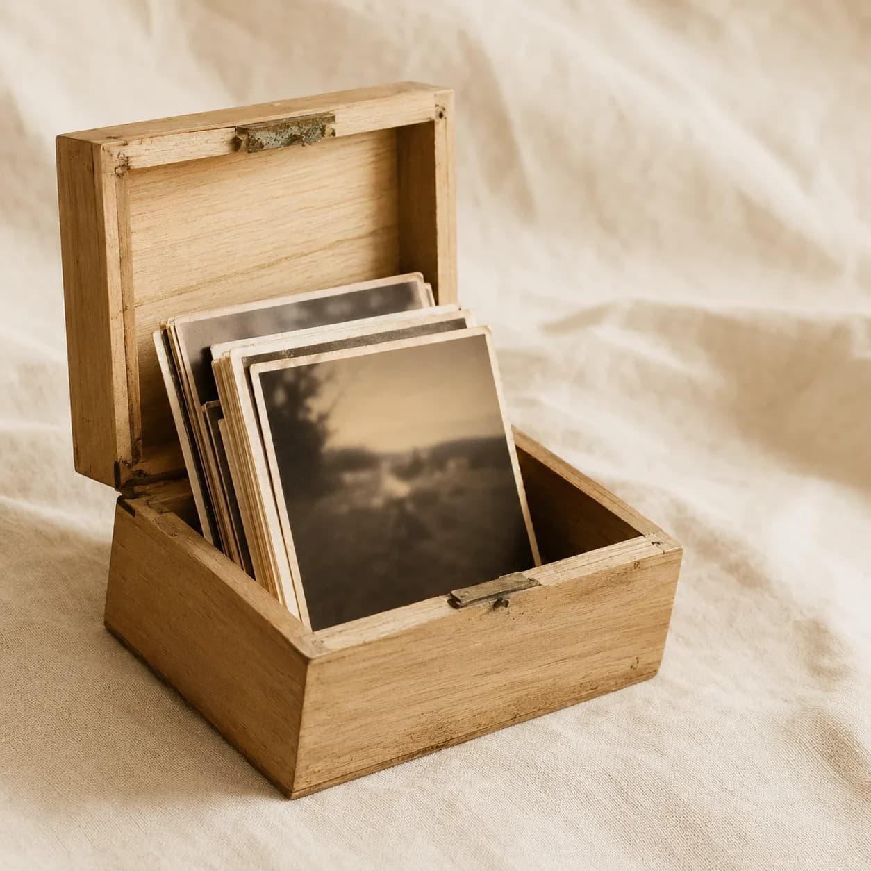 Caja de madera abierta con fotografías impresas guardadas en su interior