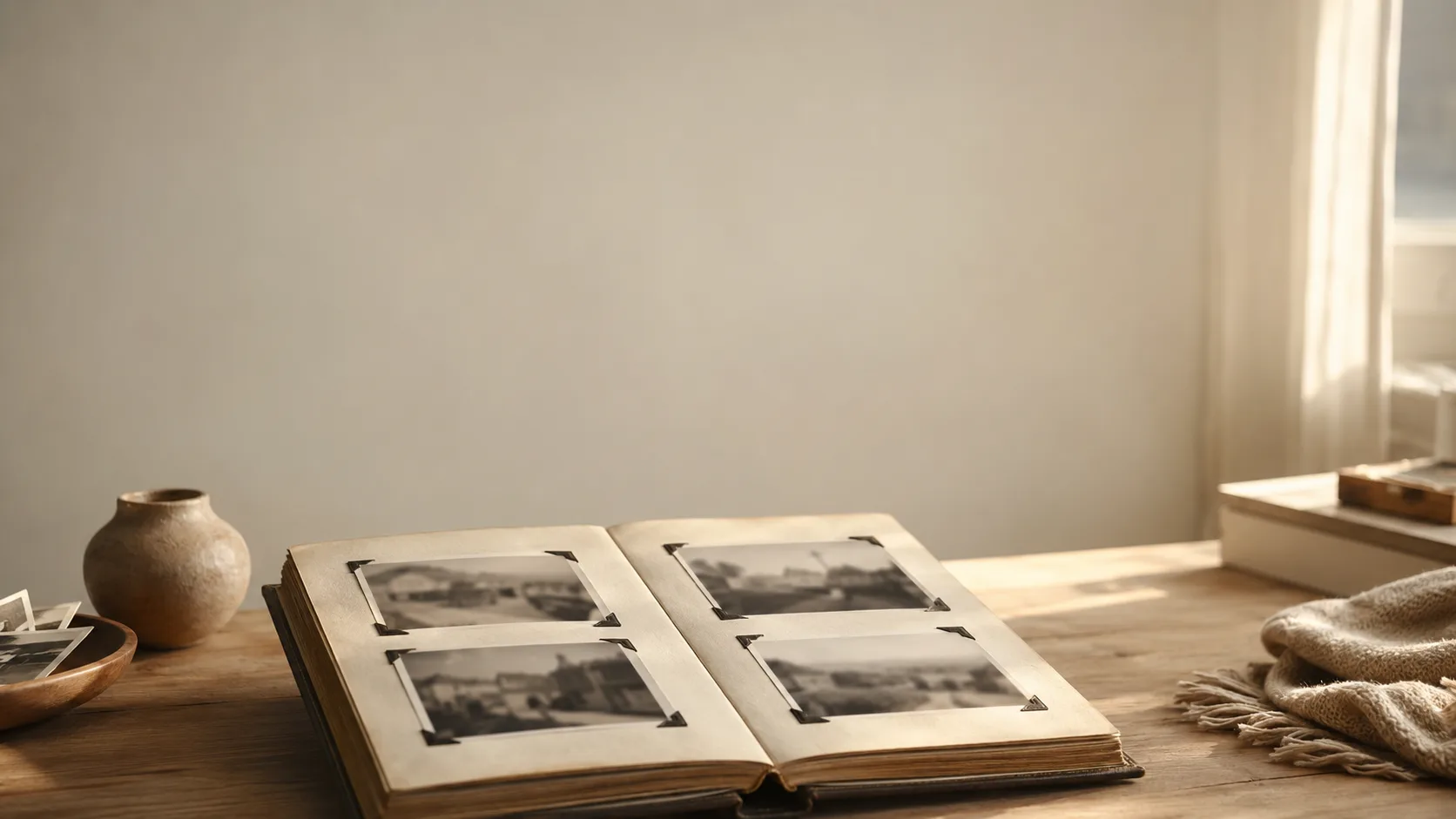 Álbum de fotos abierto sobre una mesa de madera junto a una ventana con luz natural