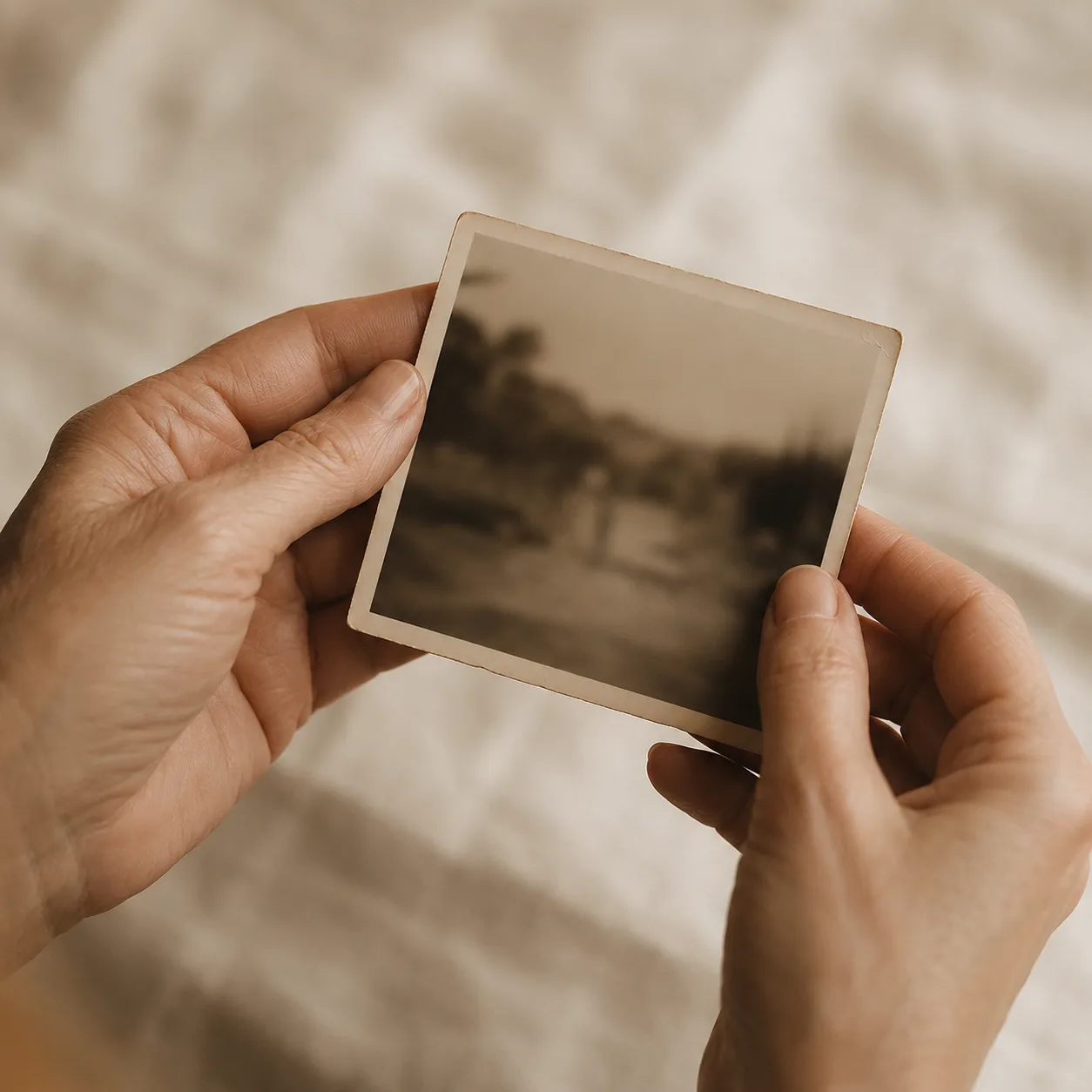 Manos sosteniendo con cuidado una fotografía impresa antigua
